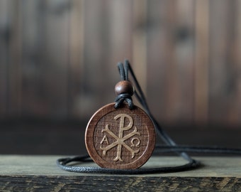 Chi Rho Necklace/Pendant. Made from solid sycamore wood. Round shape. Brown color. Adjustable cotton cord. Text customization.