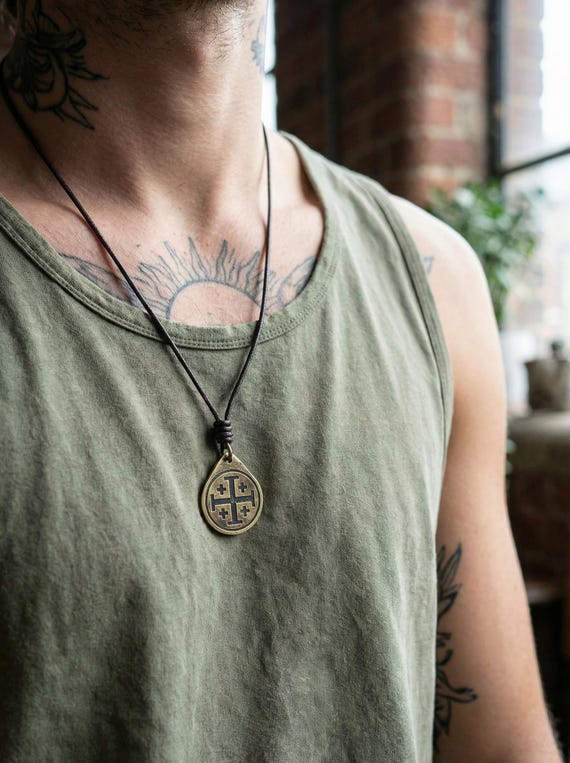 Jerusalem Cross Necklace/Pendant. Made from Solid Brass with Adjustable/Sliding Leather Cord.