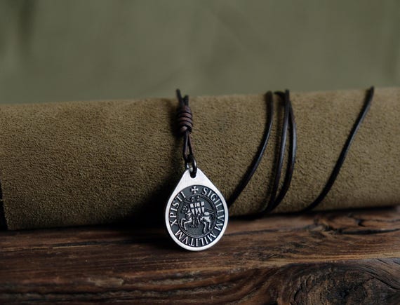 Knights Templar Seal Titanium Pendant — Medieval Knight, Leather Cord, Brass Beads