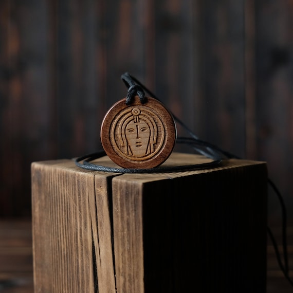 Norse Goddess Gefjon, Round Solid Wood. Norse mythology necklace. Fertility Goddess Necklace/Pendant.