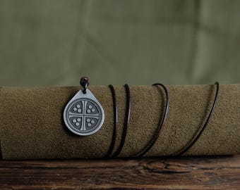 Edward I Titanium Pendant — Long Cross Penny, Leather Cord, Brass Beads