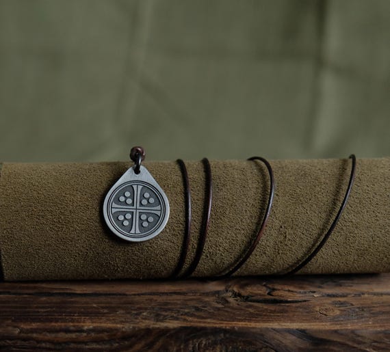 Edward I Titanium Pendant — Long Cross Penny, Leather Cord, Brass Beads