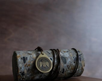 Ancient Greek Style Owl Necklace/Pendant. Made from Solid Brass with an Adjustable/Sliding Leather Cord.