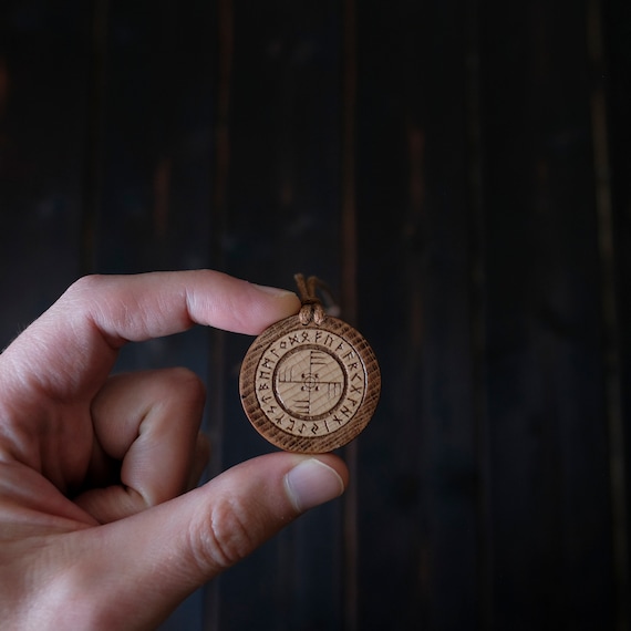 Viking Icelandic Magical Stave Ginfaxi Necklace. Round Shape, Brown Color, Made from Solid Wood.
