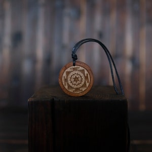 Yantra Bhuvaneshwari Pendant, Yoga Meditation Necklace -Yantra Sacred Geometric Pendant Amulet. Handmade Spiritual Wooden Necklace.