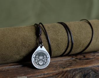 Titanium Knight Pendant — Heraldic Chivalry, Leather Cord, Brass Beads