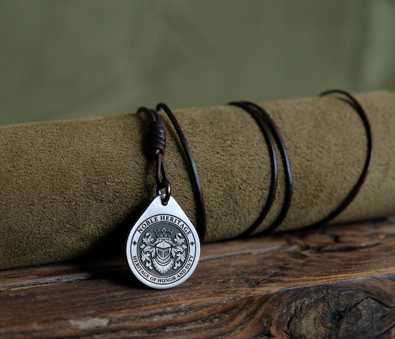 Titanium Knight Pendant — Heraldic Chivalry, Leather Cord, Brass Beads