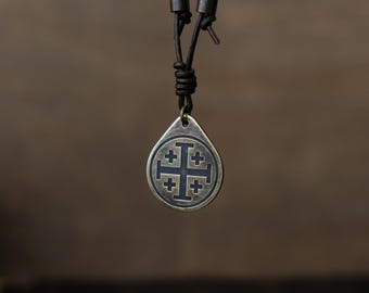 Jerusalem Cross Necklace/Pendant. Made from Solid Brass with Adjustable/Sliding Leather Cord.