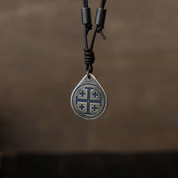Jerusalem Cross Necklace/Pendant. Made from Solid Brass with Adjustable/Sliding Leather Cord.