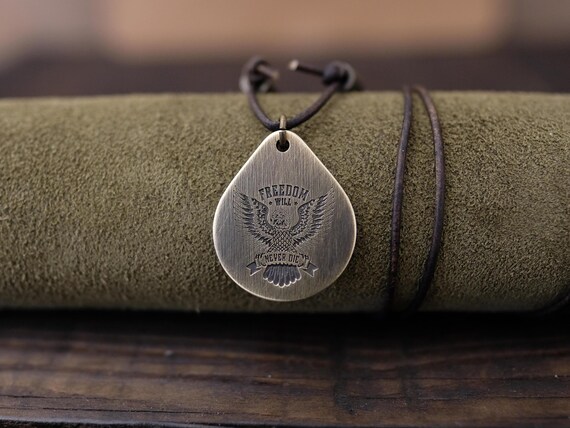 Brass Eagle Pendant - "Freedom Will Never Die" - Handcrafted Patriotic Jewelry