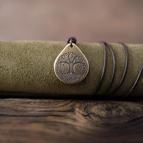 Celtic Tree of Life Brass Pendant — Celtic Symbol, Leather Cord, Brass Beads