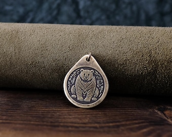 Bear Necklace/Pendant. Made from Solid Brass with Adjustable/Sliding Leather Cord.