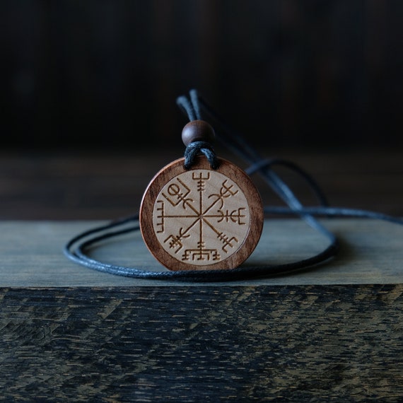 Wood Necklace-Vegvisir Pendant. This  Vegvisir Necklace Made From Solid Wood. Woodburned Pendant. Viking Compass. Rune Symbols Necklace.