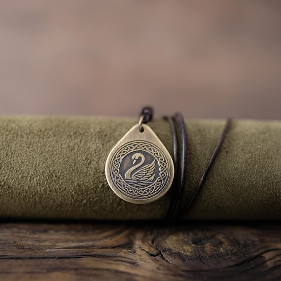 Celtic Swan Necklace/Pendant. Made from Solid Brass with Adjustable/Sliding Leather Cord.