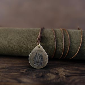 John Muir Forest Necklace/Pendant. Made from Solid Brass with an Adjustable/Sliding Leather Cord.