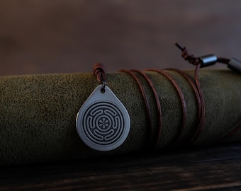 Hecate's Wheel Necklace/Pendant. Made from Solid Titanium with an Adjustable/Sliding Leather Cord.