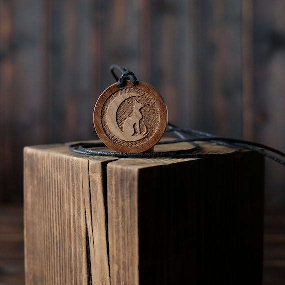 Moon And Cat Necklace, Round Solid Wood. Wicca necklace. Wicca wooden pendant.