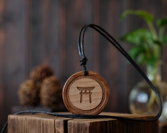 Wood Necklace-Torii Necklace, Shinto Gate Pendant, Japanese Gate Symbol Solid Wood Pendant. Brown Shinto Gate. Shinto Shrine Symbol.