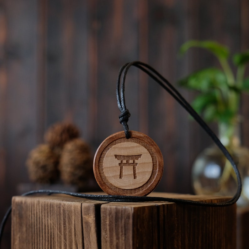 Wood Necklace-Torii Necklace, Shinto Gate Pendant, Japanese Gate Symbol Solid Wood Pendant. Brown Shinto Gate. Shinto Shrine Symbol. image 1