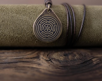 Hecate's Wheel Necklace/Pendant. Made from Solid Brass with an Adjustable/Sliding Leather Cord.