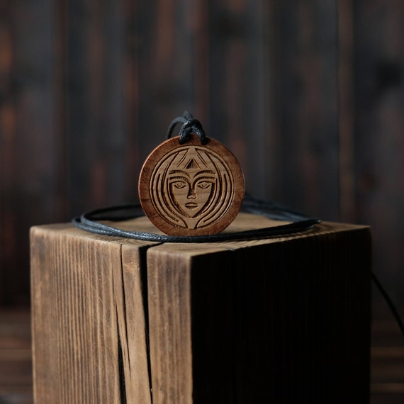 Anglo-Saxon Goddess Frige, Round Solid Wood. Anglo-Saxon Fertility, and Wisdom Goddess necklace.