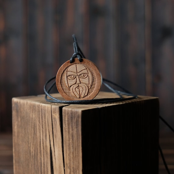 Loki God Wooden Necklace , Round Solid Wood. Nordic/Norse Mythology Necklace. Loki God Necklace/Pendant.