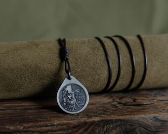 Vitruvian Man Titanium Pendant — Leonardo da Vinci, Leather Cord, Brass Beads