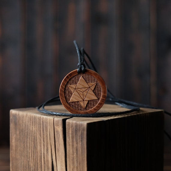 Merkaba symbol Necklace/Pendant, Round Solid Wood. Spiritual necklace.  Tetrahedron wooden pendant.
