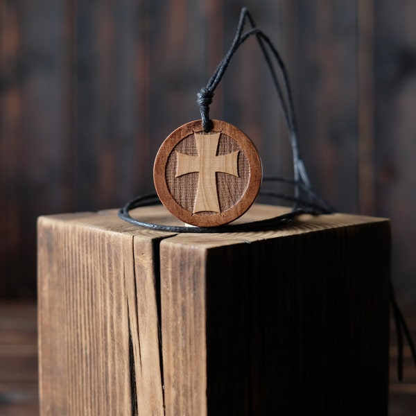 Teutonic Cross Necklace/Pendant, Round Solid Wood. Cross necklace.  Christian Symbol. Crusader's cross. Monastic Order.