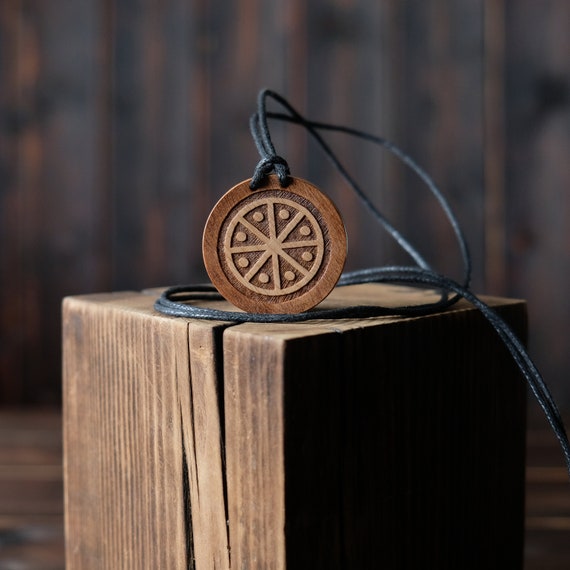 Wheel of the Year symbol Necklace, Round Solid Wood. Wicca necklace. Wicca wooden pendant.