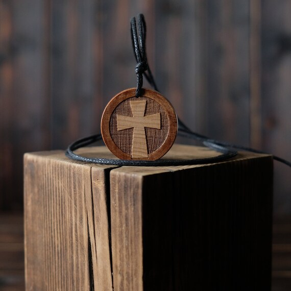 Byzantine Cross Necklace/Pendant, Round Solid Wood.  Eastern Orthodox cross.  Christian Symbol.