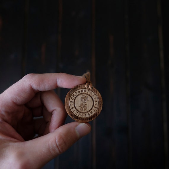 Odin's Ravens Viking Necklace. Round Shape, Brown Color, Made from Solid Wood.