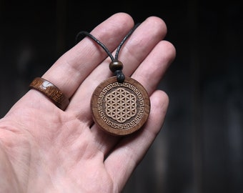 Wood Necklace-Yoga Yogi Necklace Flower of Life Made From  Solid Sycamore Wood Pendant Talisman