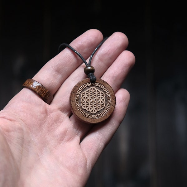 Wood Necklace-Yoga Yogi Necklace Flower of Life Made From  Solid Sycamore Wood Pendant Talisman