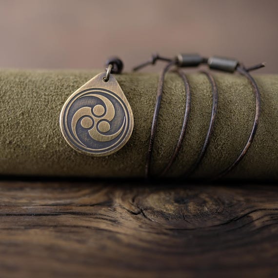 Tomoe Hams Necklace/Pendant. Made from Solid Brass with Adjustable/Sliding Leather Cord.