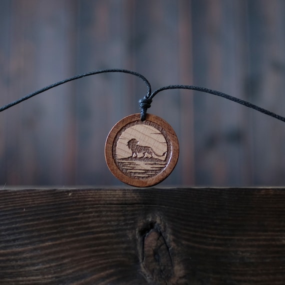 Lion Totem Round Shape Brown Color Solid Wood Necklace/Pendant.