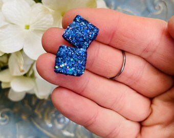 BLUE Earrings GLITTER SQUARE Earrings Geometric Mermaid Sparkle Studs Wearable Art Upcycled Jewelry Lightweight Nickel Free Teen Gift