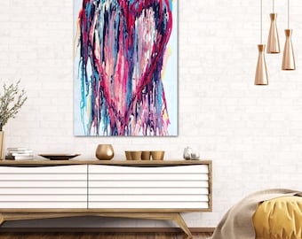 HEART PAINTING Large Pour Splatter Art Ready to Hang Abstract Painting Multi Color Pink Acrylic Art 2 Feet x 3 feet XL Canvas 24in x 36in