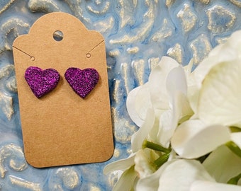 HEART Earrings GLITTER Dark Purple Stud Geometric Earrings Everyday Heart Earrings Wearable Art Upcycled Jewelry Nickel Free SPARKLING