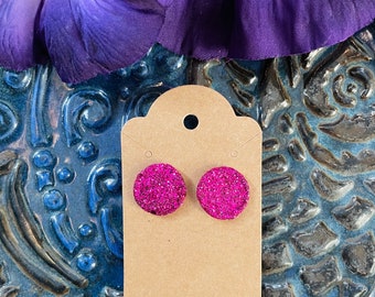 PINK GLITTER Earrings Round Hot Bright Pink Studs Lightweight Wearable Art Upcycled and Bejeweled Earrings Nickel Free for Sensitive Ears