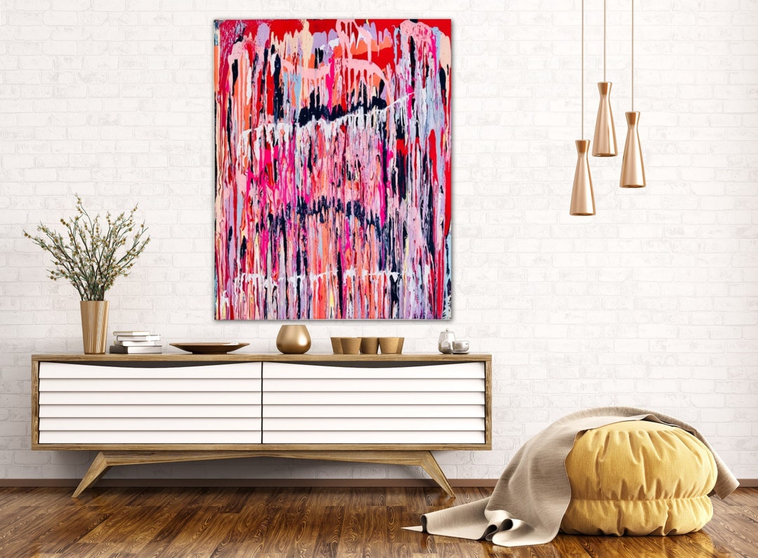 Large Abstract Wall Art Hot Pink Orange Abstract Art Acrylic on Canvas