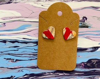 Collage Earrings Heart Shaped Jewelry Hand Painted & Cut Mixed Media Upcycled Earrings RED HEART STUDS Nickel Free Collage Wearable Art