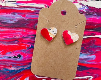 Collage Earrings Heart Shaped Jewelry Mixed Media Hand Painted & Cut Upcycled Earrings RED HEART STUDS Nickel Free Collage Wearable Art