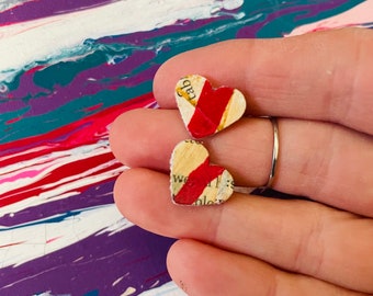 RED Earrings Collage Heart Shaped Jewelry Hand Painted & Cut Mixed Media Upcycled Earrings Word HEART STUDS Nickel Free Collage Wearable Art