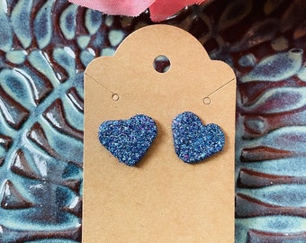 EARRINGS BLUE PURPLE Glitter Bejewled Love Heart Shaped Earrings Nickel Free Studs Wearable Art Geometric Earrings Sparkly Lightweight