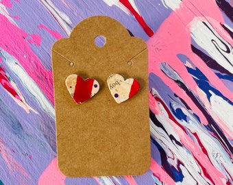 HEART Earrings Collage Hand Cut Jewelry Mixed Media Upcycled Earrings RED STUDS Nickel Free Sensitive Ear Collage Wearable Art Heart Shaped