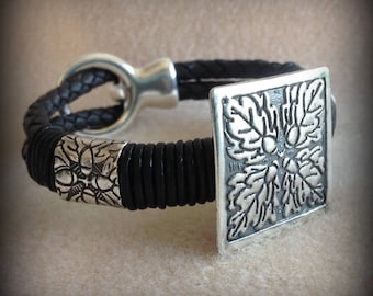 Oak Leaf and Acorn Silver and Leather Bracelet