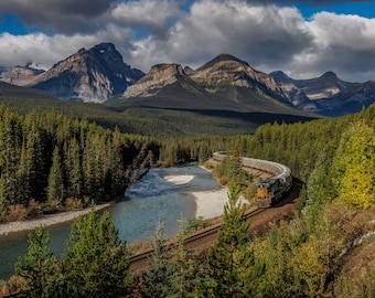Train in the Valley in Banff Canada Fine Art Photo, Metal, Canvas or Acrylic Print Harry Collins Original Photography Wall Art Home Decor
