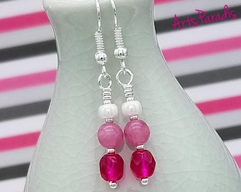 Handmade Pink Glass Stack Earrings, White Silver Petite Small Round Boho Everyday Dangle Hypoallergenic