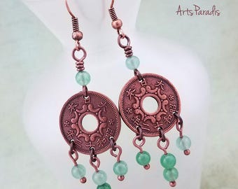 Orecchini pendenti a lampadario fatti a mano con moneta in rame e avventurina, pietra naturale verde portafortuna, stile boho asiatico